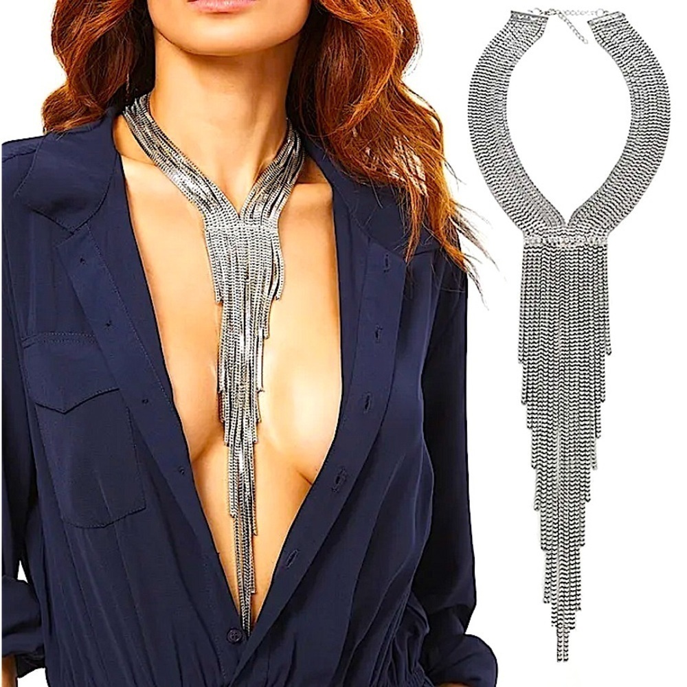 Silver Chain Tassel Rhinestone Accent Fringe Statement Collier Necklace
